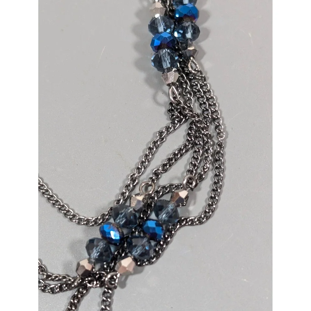 Gunmetal Multi Strand Layered Necklace Peacock Blue & Black Glass‎ Beads 33